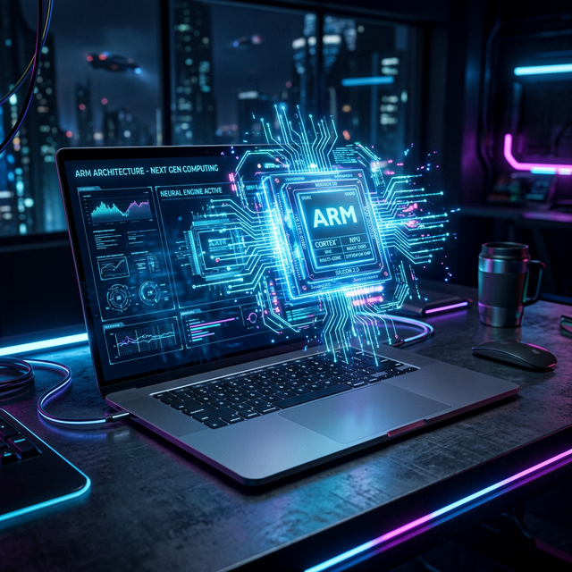 Laptop Canggih Estetik yang Menyorot Holohgrafik Cahaya Bentuk Microcip ARM di atas Papan Ketik