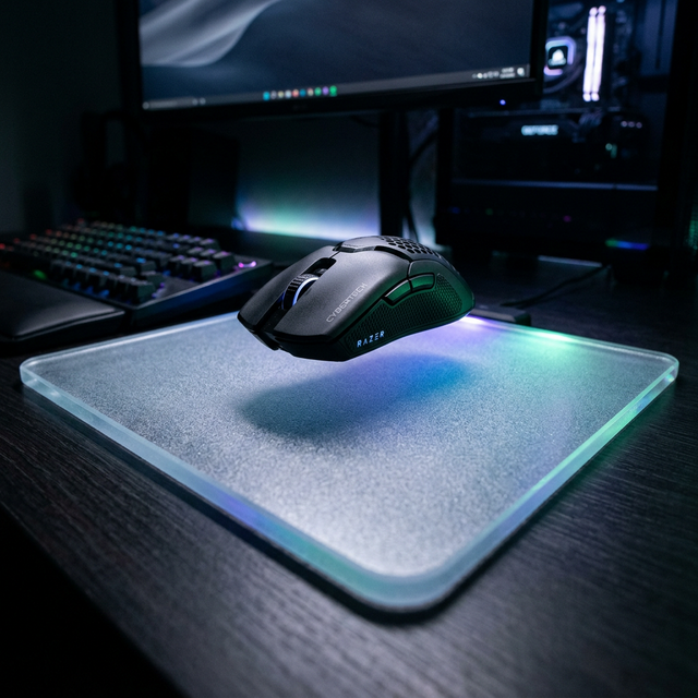 Penggambara Mousepad Tatakan Tipis Estetik Berlapiskan Kaca Tempered Glass Mewah Dengan Mouse Menempel Diatas Tetesan Air