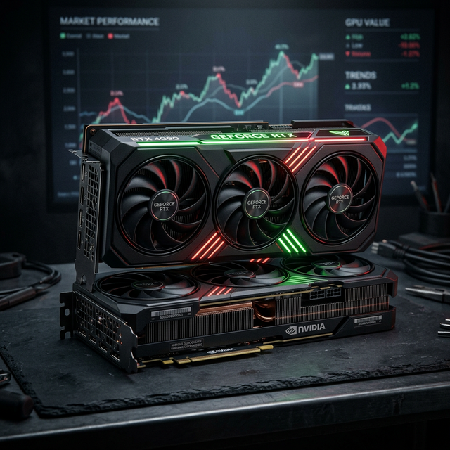 Kartu grafis GPU gaming modern RTX terpasang di motherboard — Harga GPU Maret 2026