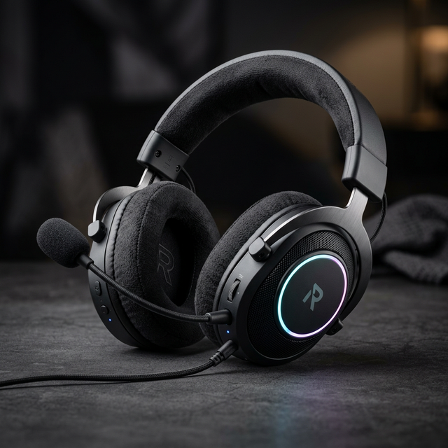 Headset gaming wireless premium dengan ear cup besar dan LED RGB di atas meja gaming