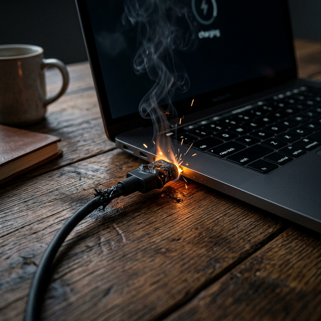 Ilustrasi dramatis kabel USB Tipe-C tanpa merek menyala meleleh kepanasan berasap saat ditancapkan ke laptop tipis modern warna silver.