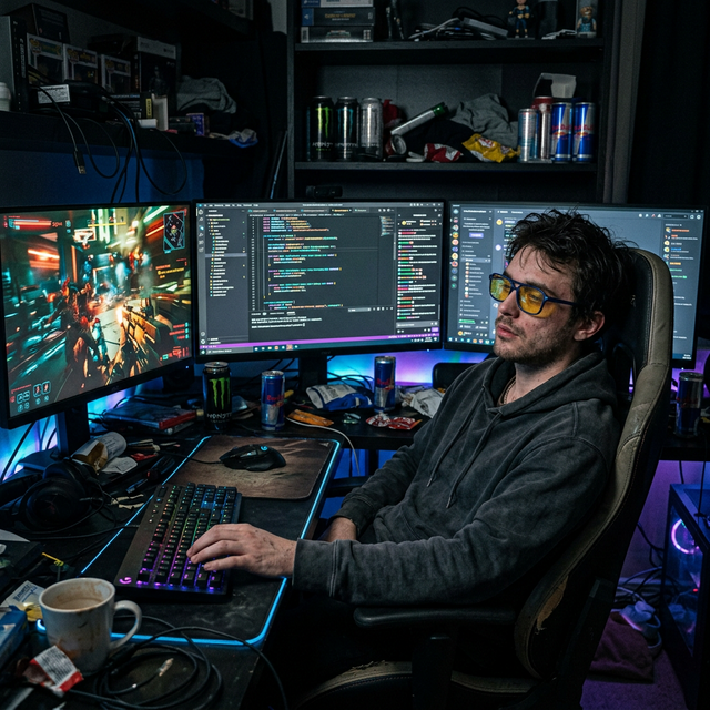 Seorang Atlit E-sport Lelah Begadang Malam Memakai Lensa Kacamata Kuning Gunar Menatap Pancaran Ganas Tiga Buah Monitor Gaming