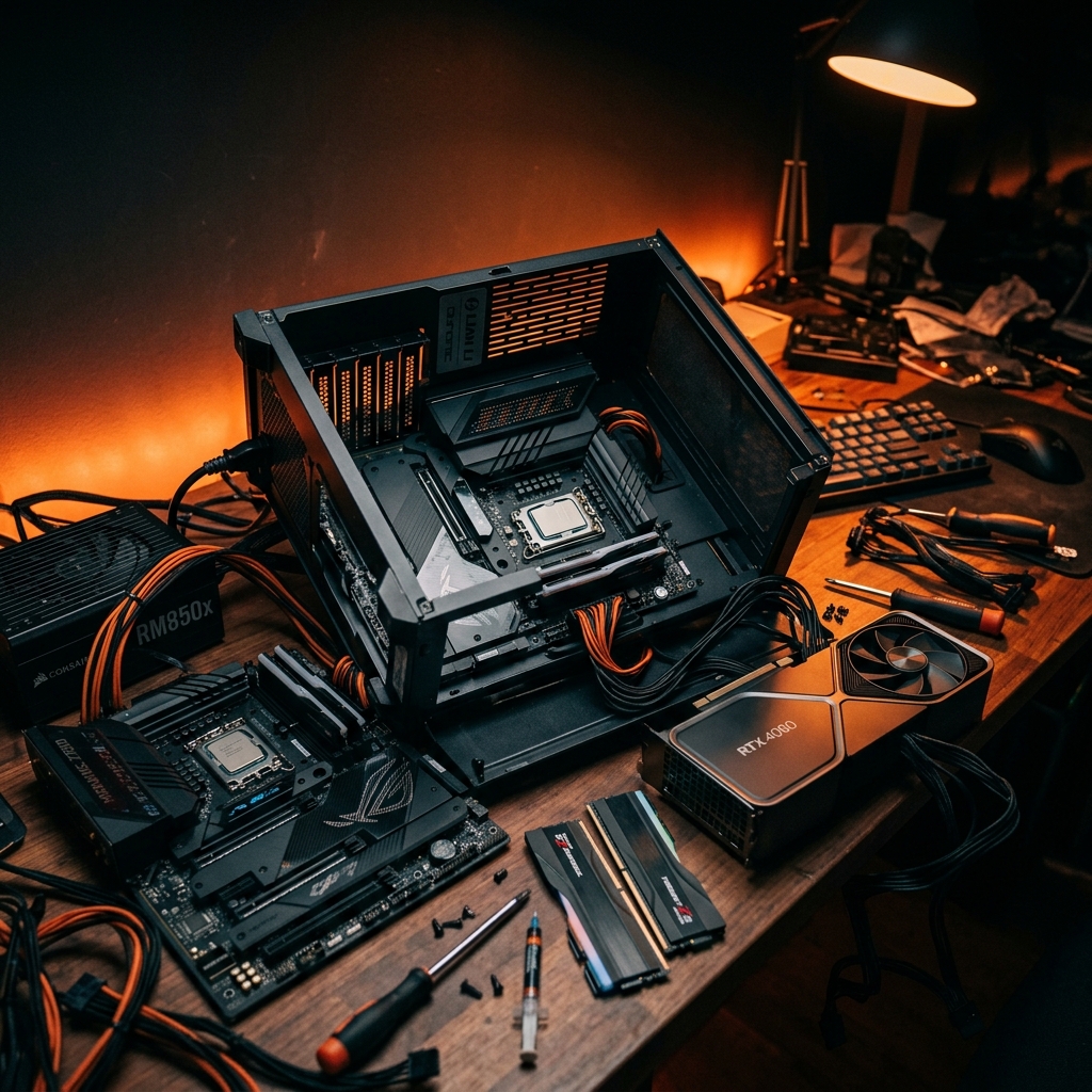 Ilustrasi komponen PC yang sedang dirakit oleh pemula di tahun 2026