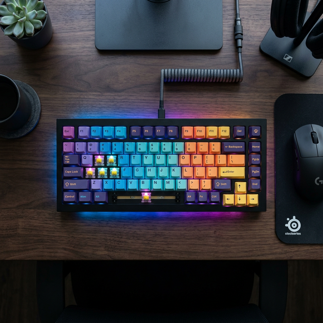 Keyboard mechanical premium dengan RGB dan switch transparan di atas meja gaming modern