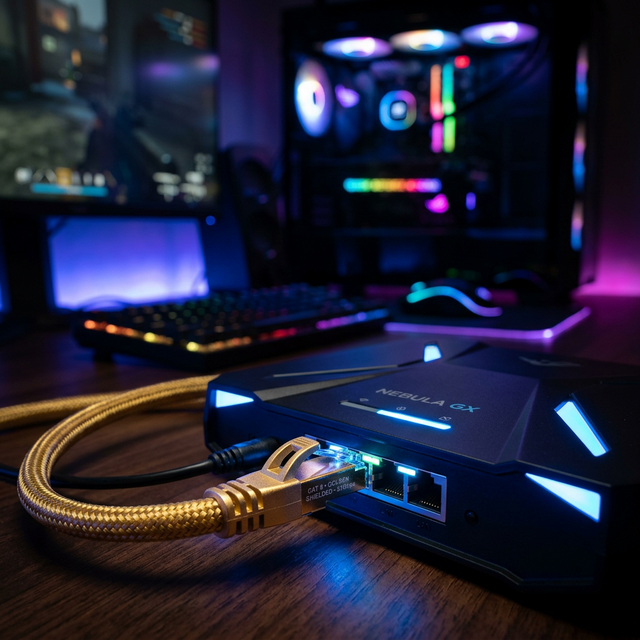 Foto close up Ujung besi colokan RJ45 Kabel Lan Internet Ethernet Cat8 kepang emas tebal super nyelok dimalam hari.