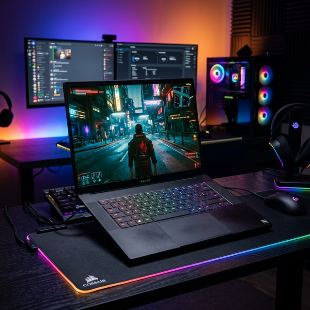 Laptop gaming terbuka dengan layar menampilkan game 3D dan keyboard RGB menyala hijau