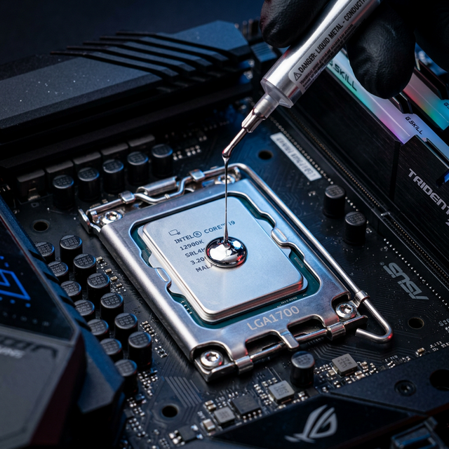 Foto tajam Macro dari cairan warna silver perak Logam Liquid Metal tumpah menetes di plat badan Besi Motherboard Processor Komputer canggih.