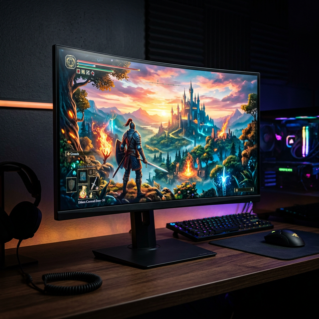 Monitor gaming ultrawide 34 inci menyala dengan tampilan game yang jernih dan terang