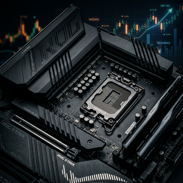 Motherboard PC gaming modern dengan komponen semikonduktor dan slot RAM — Harga Motherboard 2026