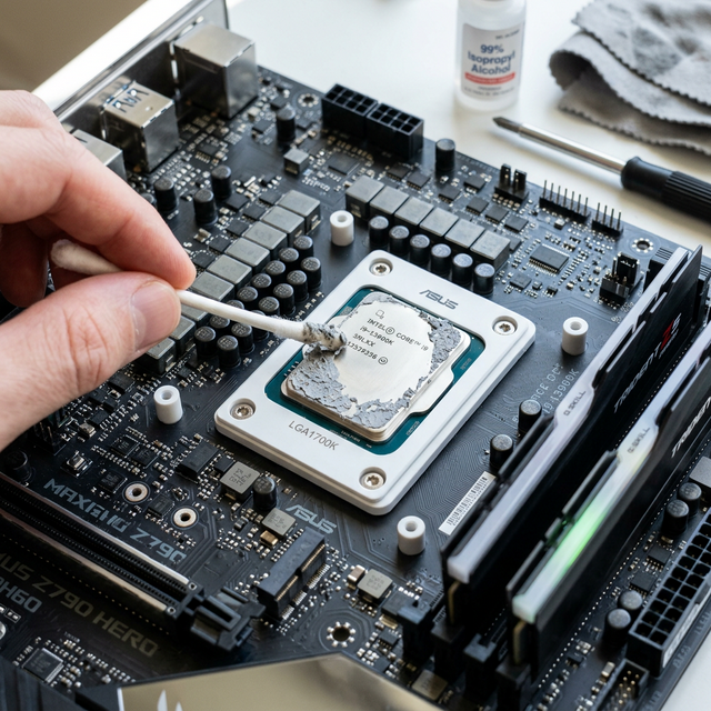 Mengusap Hati Hati Gumpalan Pasta Termal Kering Abu Abu Diatas Besi Cip Menggunakan Cairan Alkohol Medis