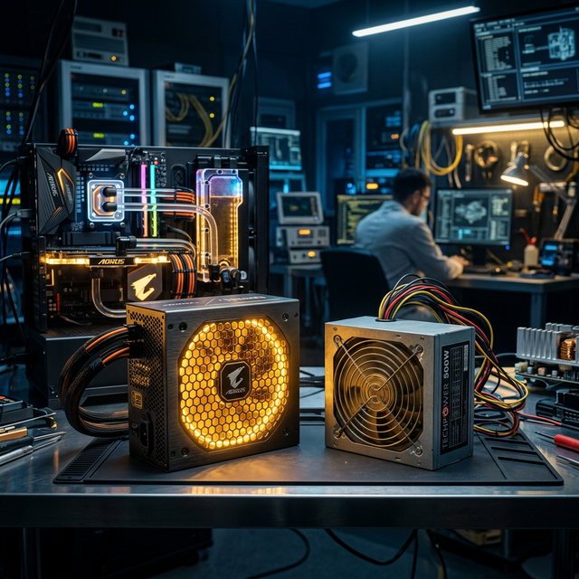 Sebuah kotak Power supply modern hitam mewah menyala pancaran aura logo emas 80 plus gold ditaruh berdampingan bersama Psu yang memancarkan aura coklat Perunggu perak.