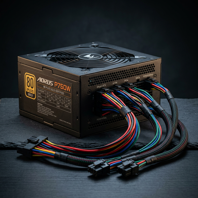 Power supply unit PSU modular dengan kabel warna-warni dan logo 80+ Gold certification