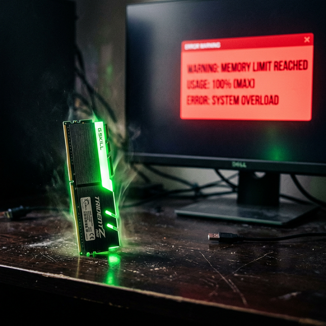 Penggambaran Memori RAM Tipe DDR Hijau Kepanasan Panik Saat Sistem Windows Menjerit Limit Maksimum 100 Persen Memory Penuh