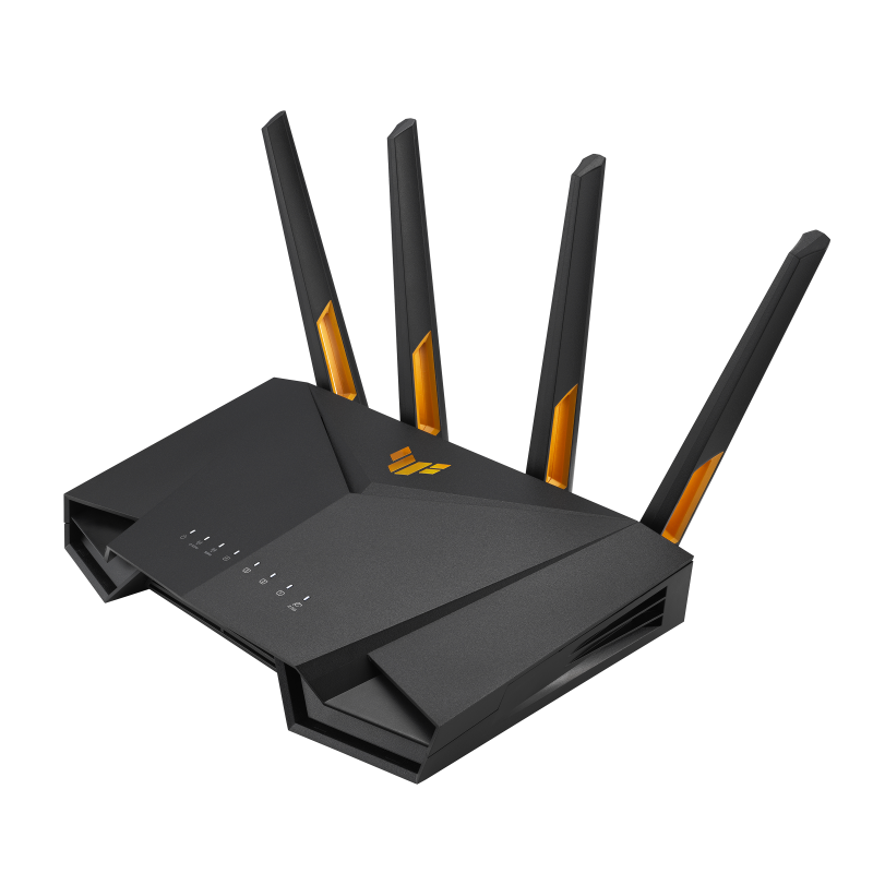 Peralatan Network Router Gaming hitam bersayap futuristik diletakkan di lemari, memancarkan sinyal tanpa kabel