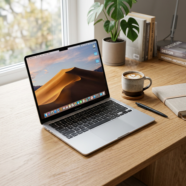 Laptop tipis modern Snapdragon ARM di meja kerja minimalis 2026