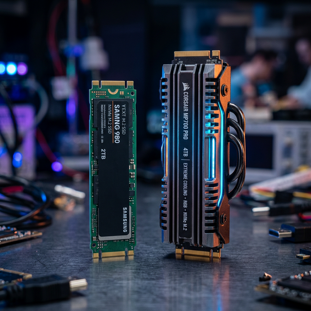 Sebuah foto perbandingan dua memori keping SSD M2, yg kiri generasi lama tipe polos hijau, sebelahnya generasi kelima terbaru dengan jaket pendingin tebal bercahaya masa depan.