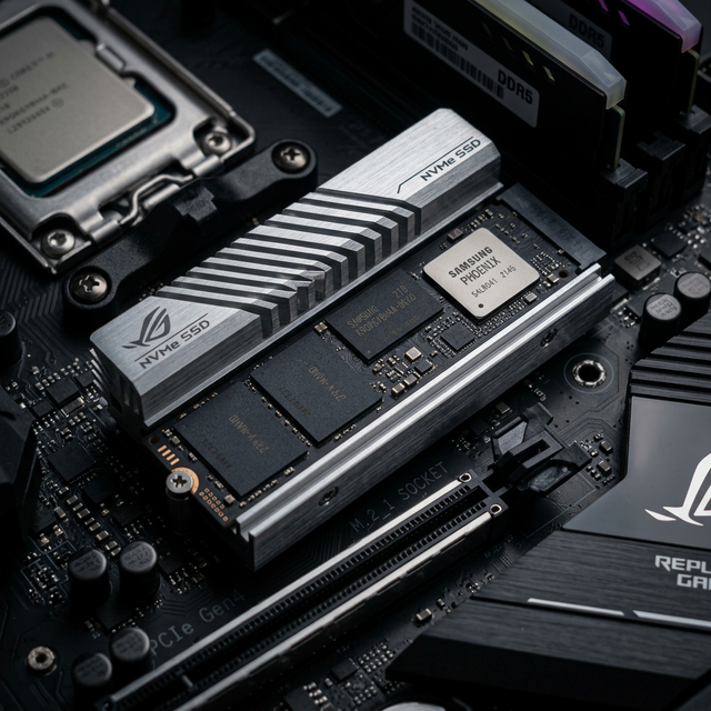 SSD NVMe M.2 Gen 5 terpasang di slot motherboard dengan heatsink besar