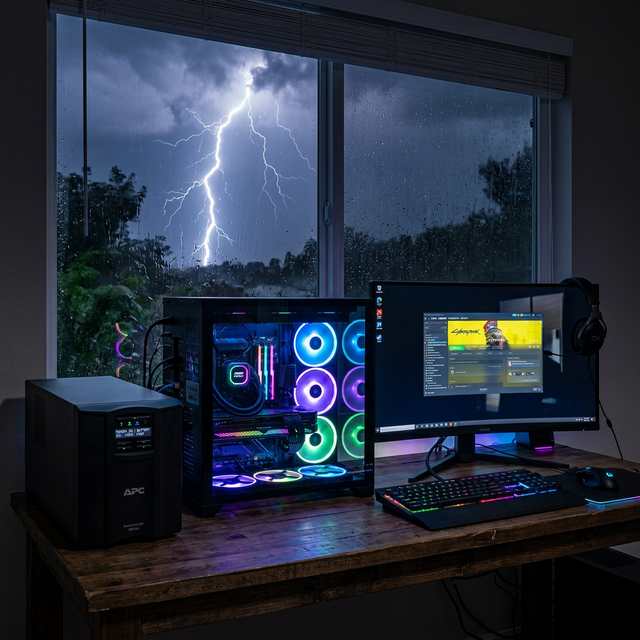 Alat Uninterruptible Power Supply Menyala Siaga Saat Hujan Petir Mencekam Melindungi PC Komputer Kencang
