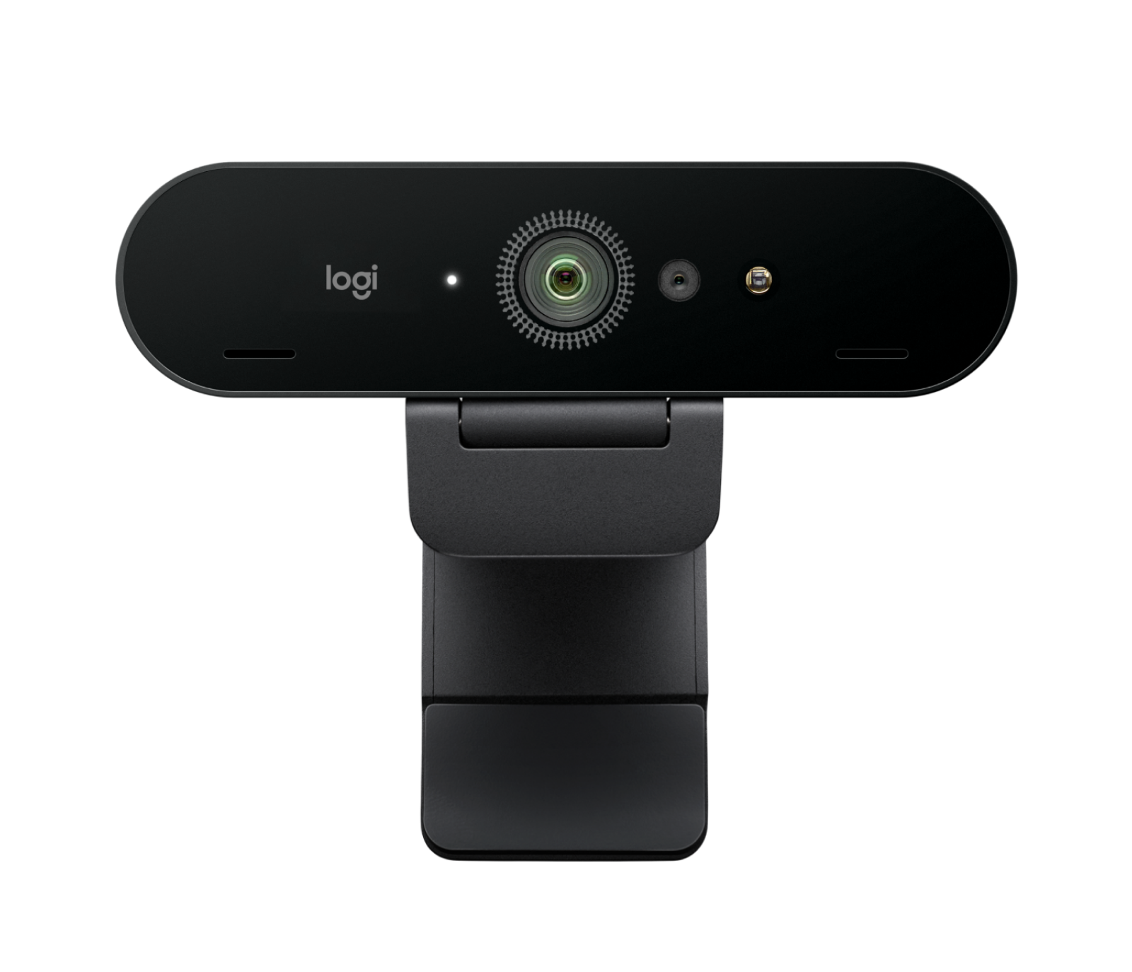 Webcam 4K premium bertengger di atas monitor dengan fokus pada lensa berlapis kaca