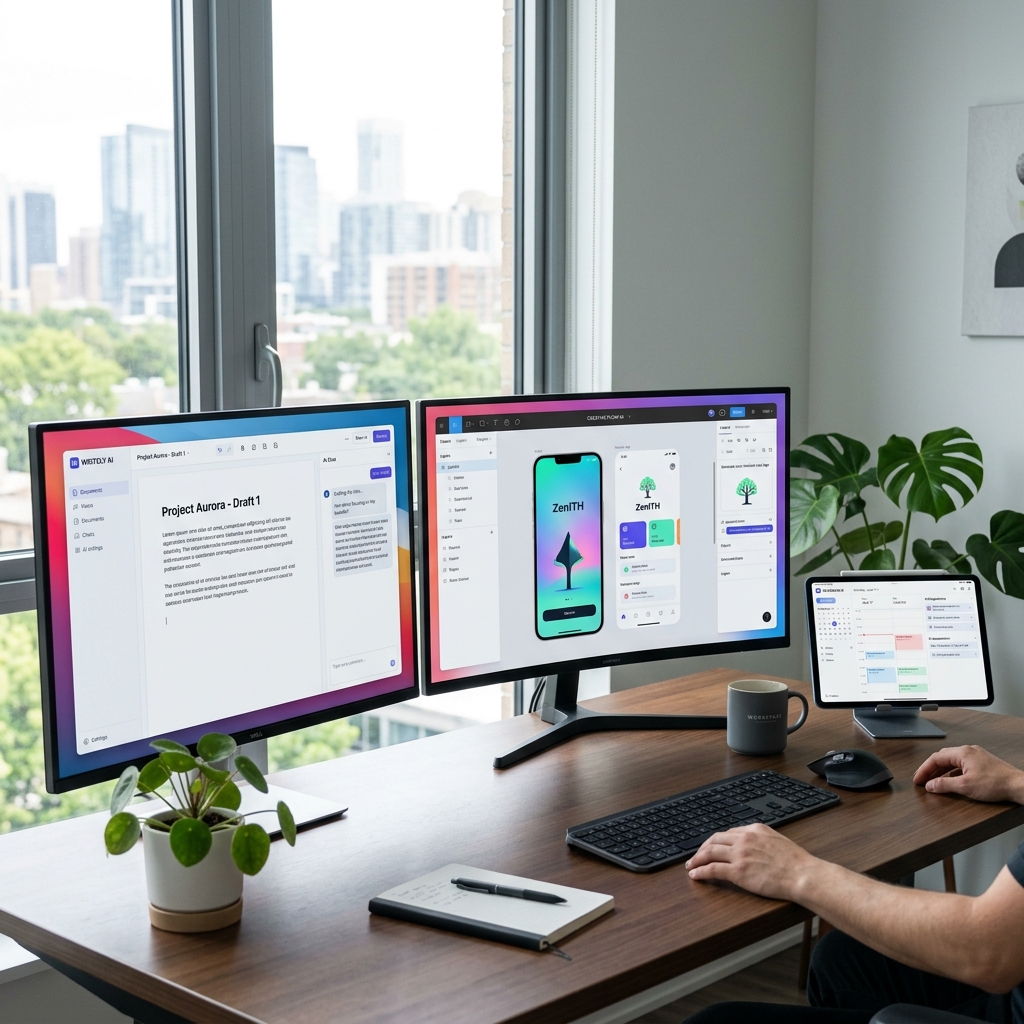 Ruang Kerja Modern dengan Beragam Aplikasi AI Produktivitas Berjalan di Layar Monitor 2026