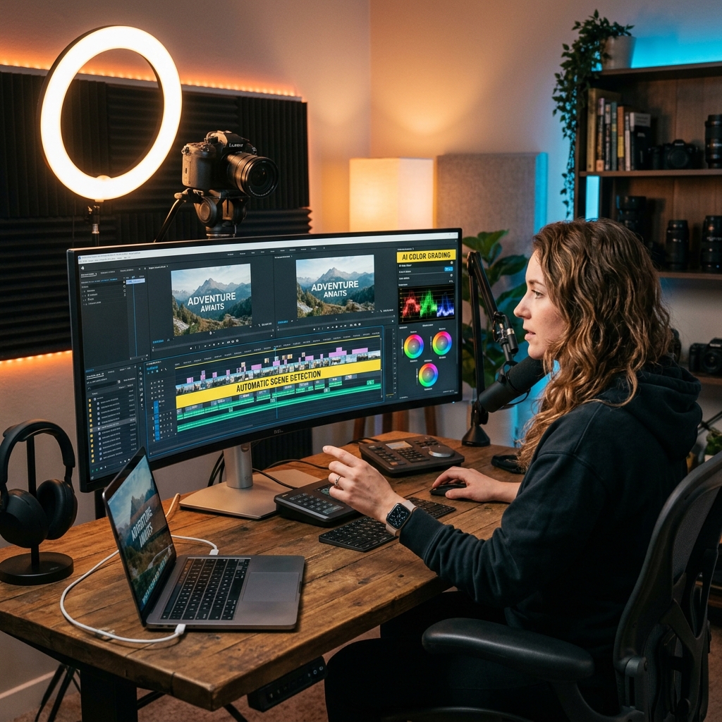 Kreator Konten Mengedit Video dengan Aplikasi AI di Monitor Ultrawide 2026
