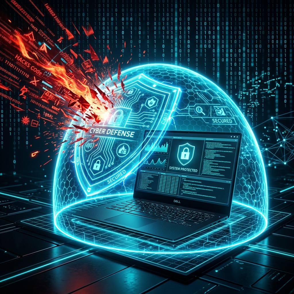 Visualisasi Perisai Digital Melindungi Laptop dari Serangan Siber 2026