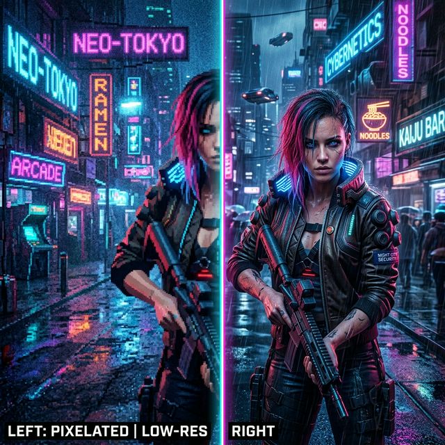 Perbandingan perpecahan layar game FPS sebelah kiri blur bergerigi sebelah kanan mulus tajam ala cyberpunk