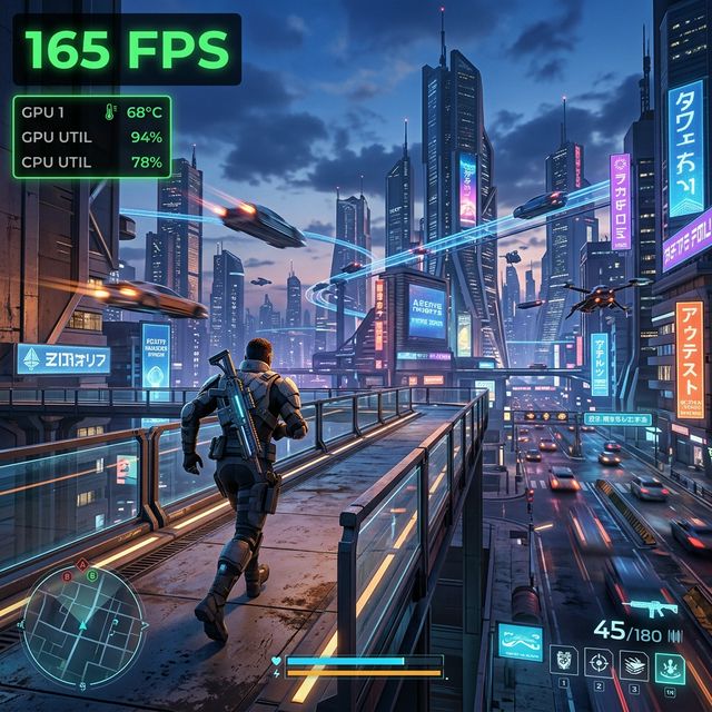 Tampilan Game Open World Futuristik dengan FPS Counter Hijau dan Widget Suhu GPU