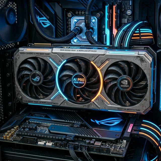 Close-up Kartu Grafis / GPU Modern untuk Proses AI dengan VRAM Besar