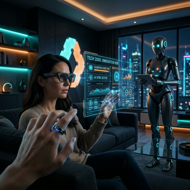 Ilustrasi Teknologi Masa Depan 2026: Kacamata AI, Robot, dan Smart Ring