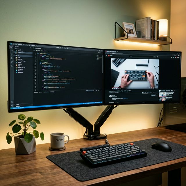 Setup meja kerja modern dengan dua monitor berdampingan, keyboard mekanikal, dan tanaman kecil