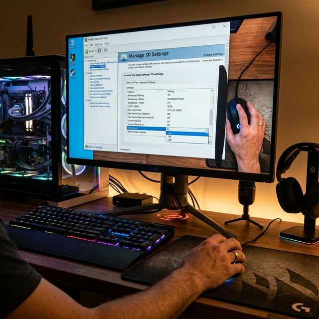 Monitor gaming menampilkan NVIDIA Control Panel dengan tangan gamer sedang mengatur setting