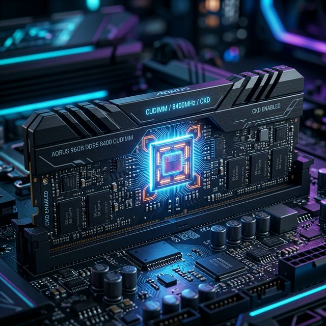 Modul memori RAM futuristik DDR5 CUDIMM hitam pekat dengan cip CKD menyala biru kecil di bagian sumbunya