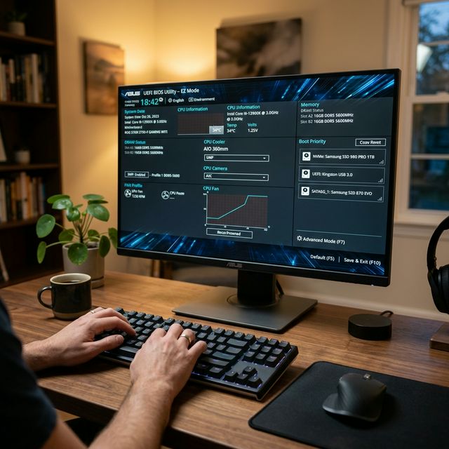 Tangan seseorang sedang mengetik di depan monitor yang menampilkan layar BIOS UEFI berwarna biru