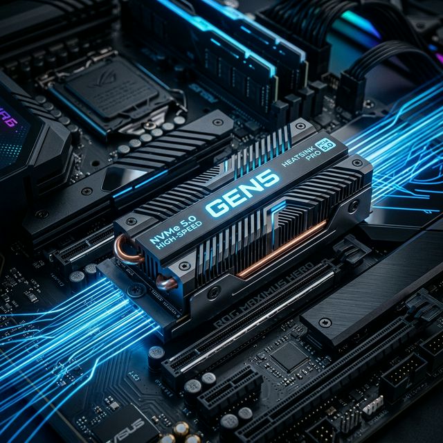SSD M.2 NVMe PCIe 5.0 dengan Heatsink Aluminium raksasa terpasang di Motherboard bersinar biru futuristik