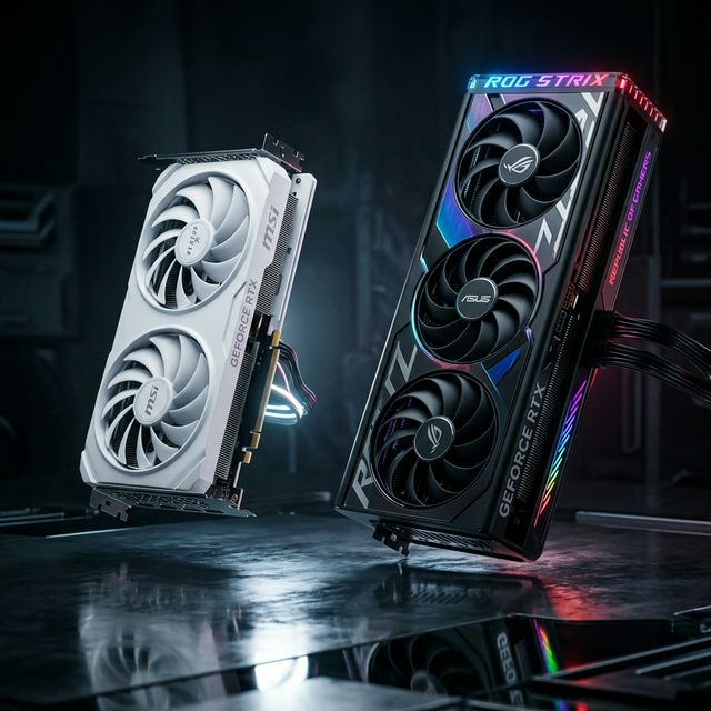 Dua kartu grafis VGA gaming modern saling berhadapan di atas permukaan reflektif dengan pencahayaan dramatis