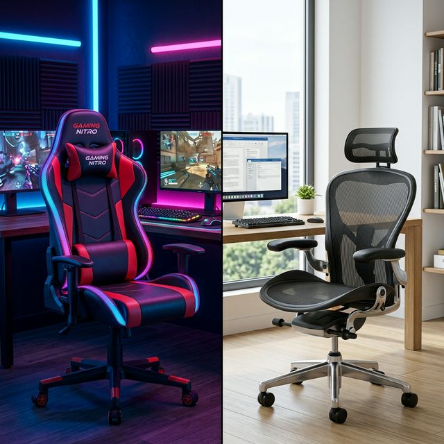 Perbandingan Visual Kursi Gaming model Racing dan Kursi Kantoran Ergonomis modern