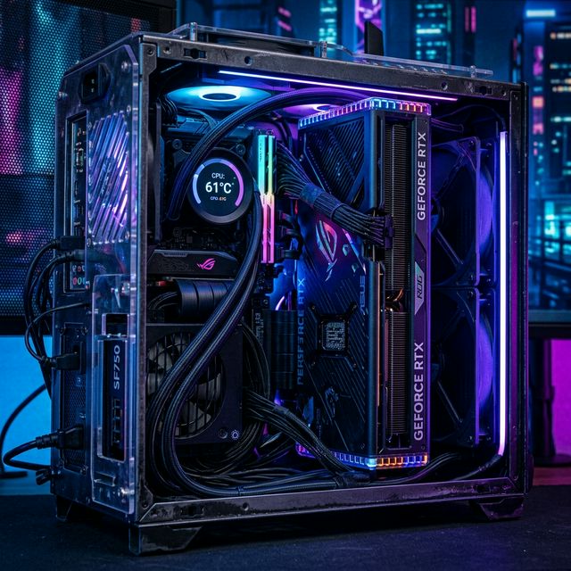 Close up dalam rig Mini-ITX motherboard padat bersama RTX kustom dan kabel saling berdempatan tebal dengan tema Cyberpunk
