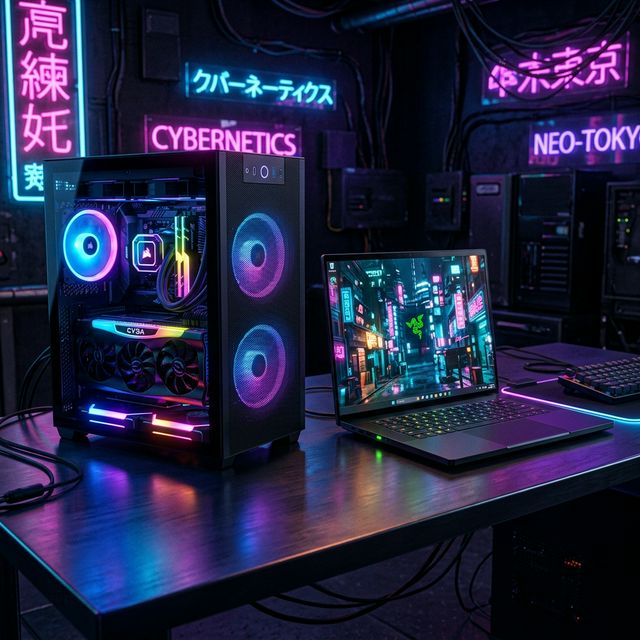 Perbandingan Visual Side-by-Side PC Rakitan Mini ITX dengan Laptop Gaming Berdesain Sleek Cyberpunk di Tahun 2026