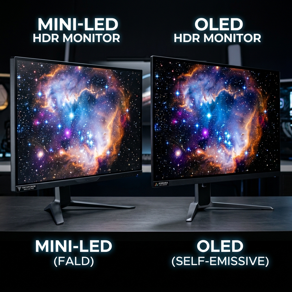 Perbandingan Visual Monitor Mini-LED (Kiri) vs OLED (Kanan) dalam Ruangan Gelap