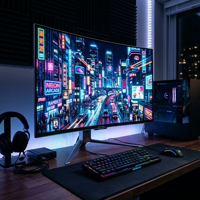 Tampilan Memukau Monitor Gaming QD-OLED Menampilkan Kotak Warna-warni Cerah di Kegelapan