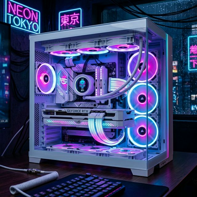 Sebuah komputer rakitan cantik berwarna putih estetik bercangkang kaca akuarium dengan lampu kipas neon RGB lembut yang menerangi ruangan cyber masa depan