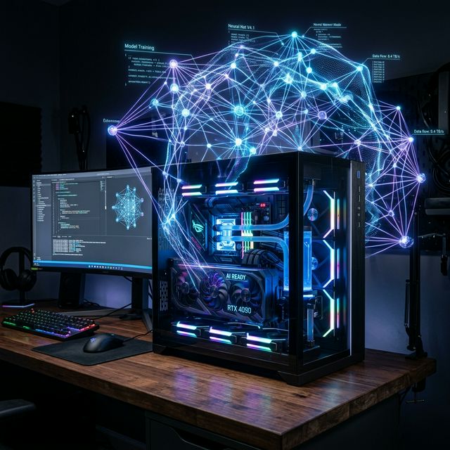 Ilustrasi PC Desktop Futuristic untuk AI Lokal dan Local LLM