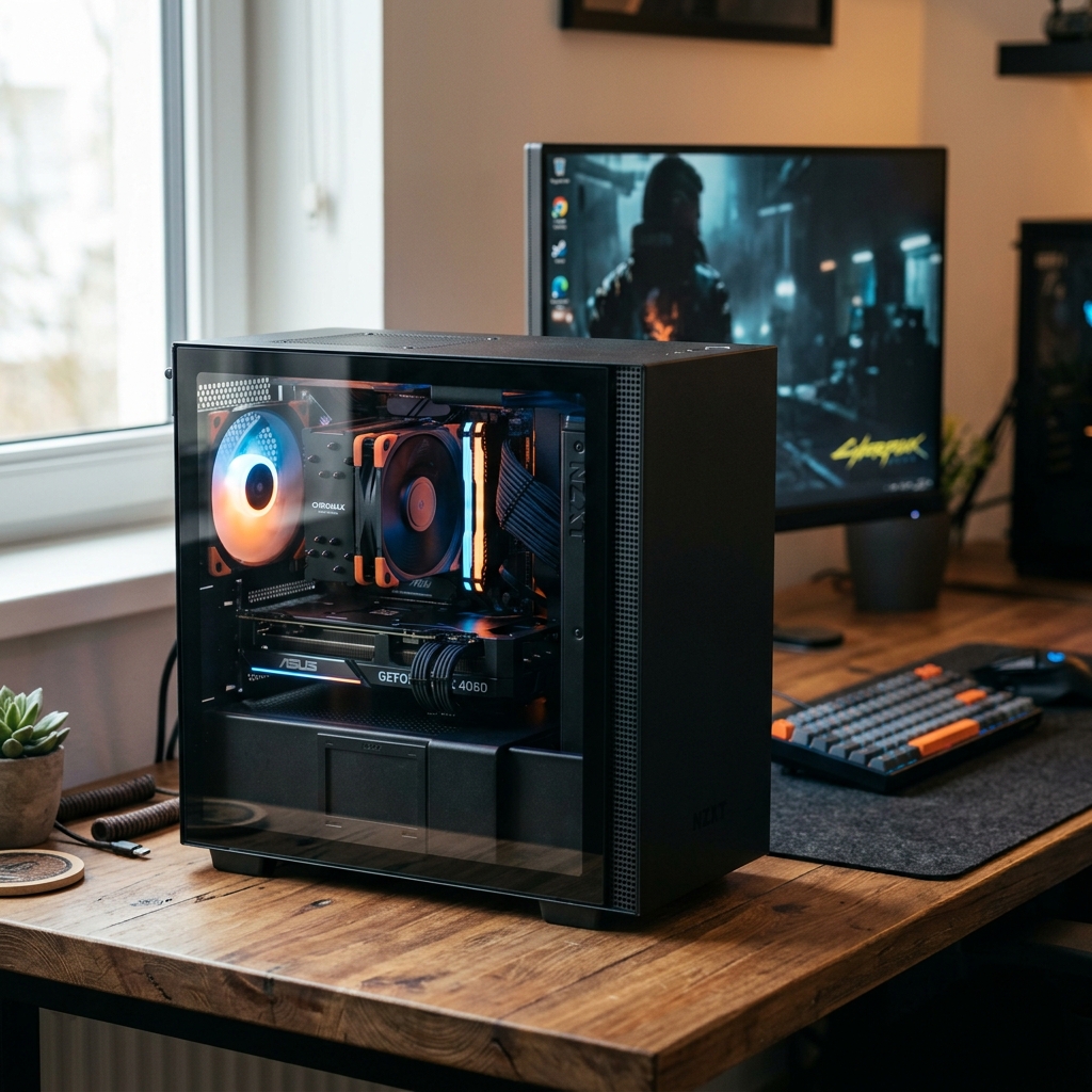 PC Gaming modern harga 7 jutaan dengan pencahayaan RGB mewah di ruang gelap