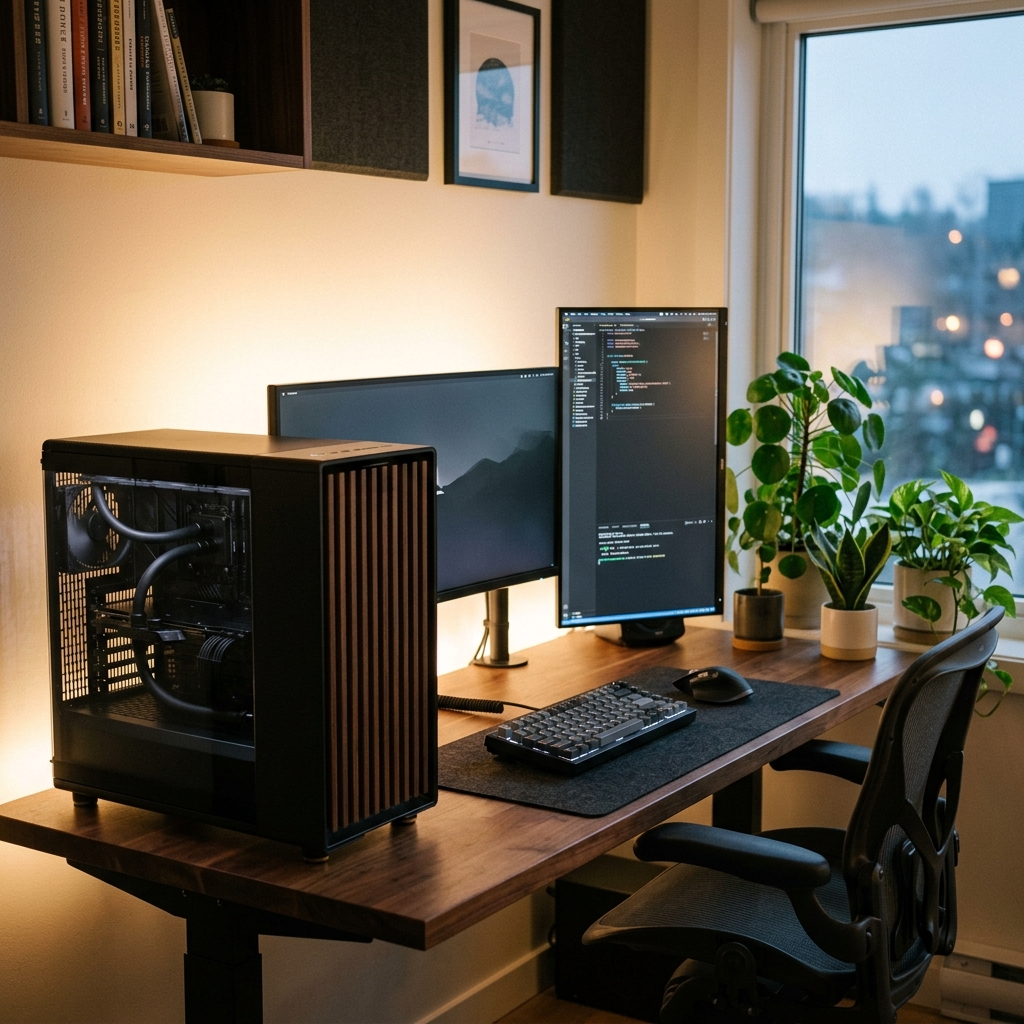 Setup PC Gaming Minimalis dengan Aksen Kayu Alami dan Tanpa Lampu RGB Berlebihan 2026