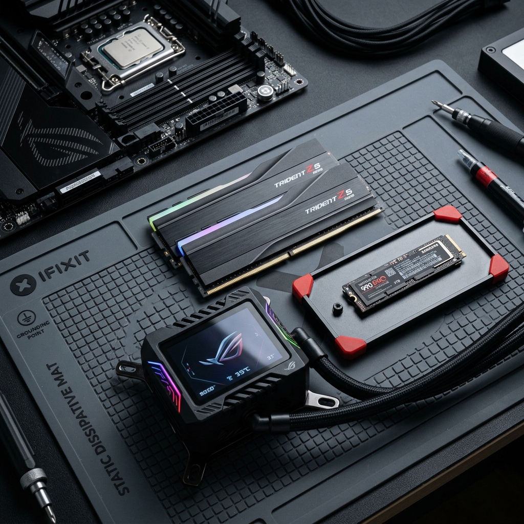 Beberapa part komputer disiapkan di atas meja kerja anti-statik