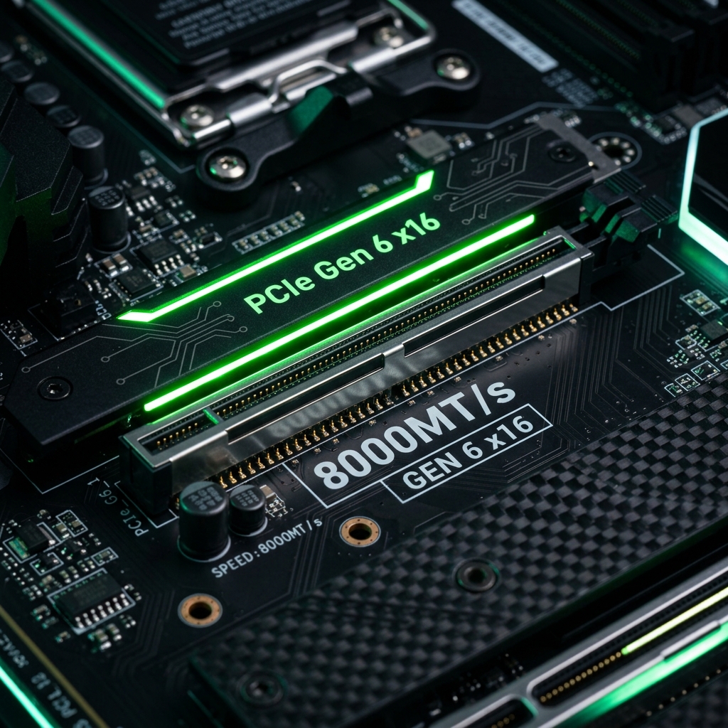 Macro detail slot PCIe Gen 6 x16 di motherboard gaming modern