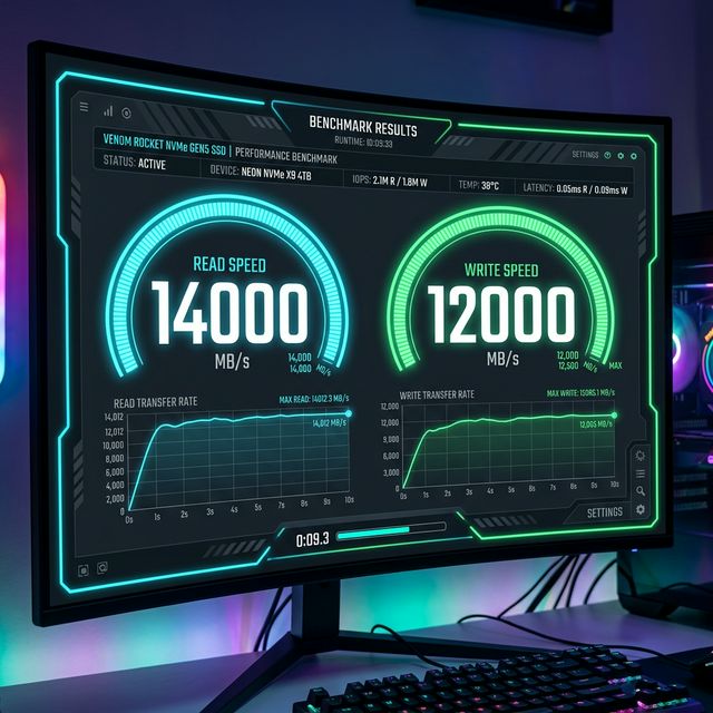 Dashboard Digital Futuristik Menampilkan Hasil Benchmark Kecepatan SSD PCIe 5.0 Mencapai 14000 MB per detik