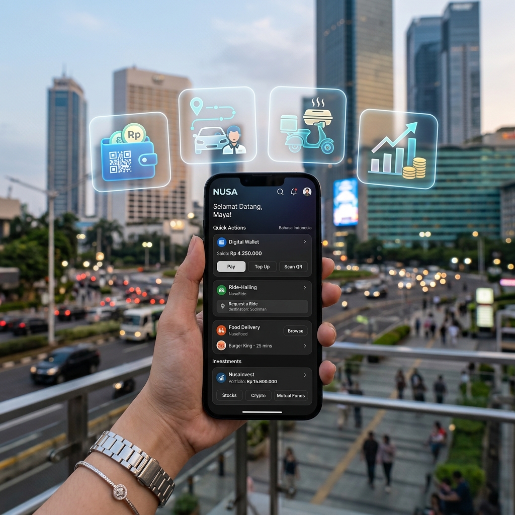 Smartphone Menampilkan Antarmuka Super App dengan Integrasi Layanan Digital Indonesia 2026