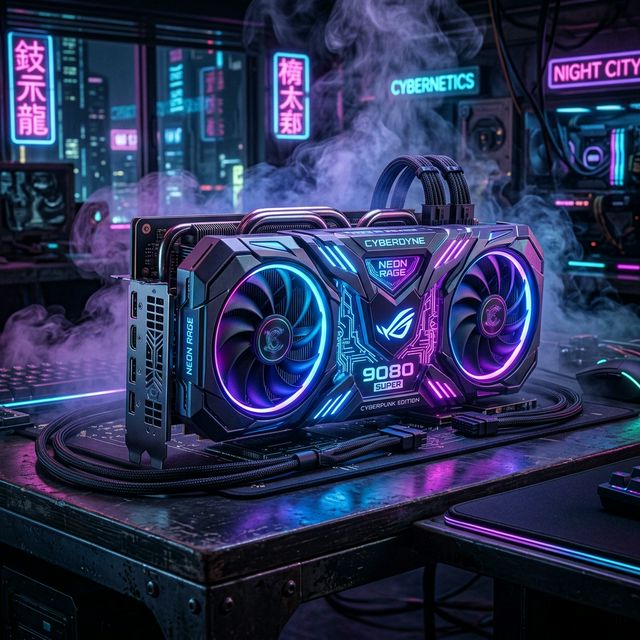 Glow hijau terang ilustrasi sebuah kartu grafis VGA berukuran raksasa dengan tema cyberpunk dan tulisan peringatan VRAM 8GB